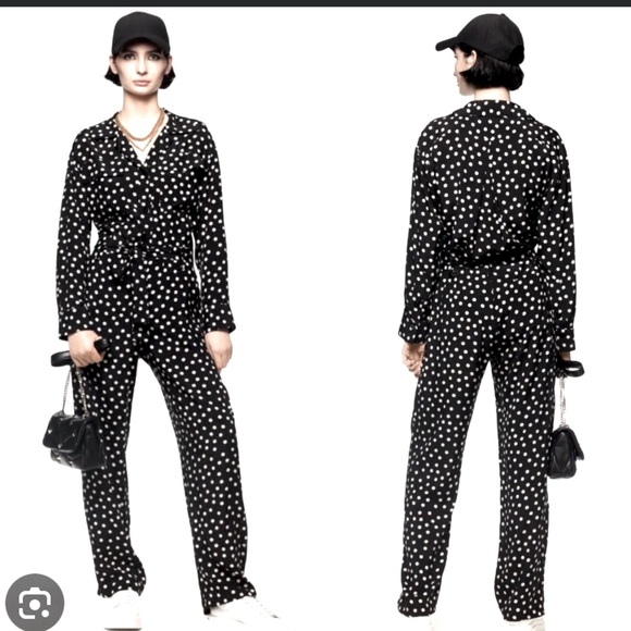 NWOT Zara Studio dot jumpsuit with front & back pockets matching belt XS - Picture 1 of 11